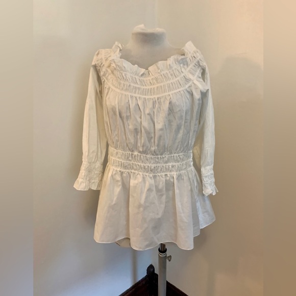 VTG Ninety Cotton Peasant Whit Off Shoulder smocked Pirate Victorian Top y2k 90s - Picture 7 of 13